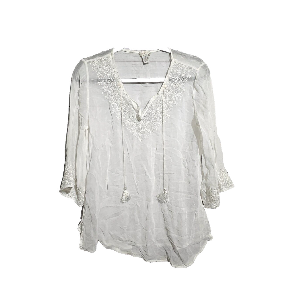 Chico'sβ White Embroidered V-Neck Tassel 3/4 Sleeve Peasant Top Womans Size 1